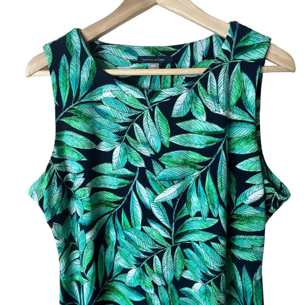Tommy Hilfiger Tropical Leaf Print Shift Dress Sz 12 Crew Neck Sheath Midi Green - Picture 3 of 12